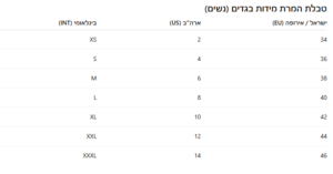 טבלת המרת מידות בגדים לנשים